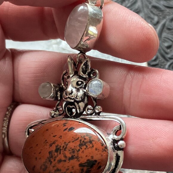 Mahogany Obsidian Rainbow Moonstone and Rose Quartz Rabbit Crystal Pendant - Picture 4 of 7